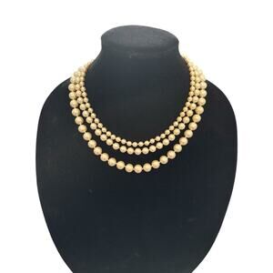 Christian Dior Triple Strand Faux Pearl Signed Gold tone Necklace Vintage 1980s